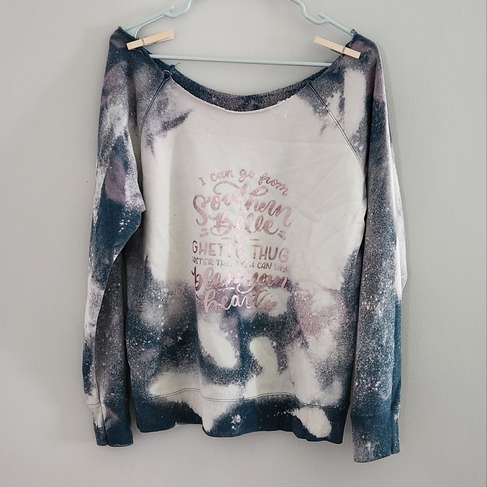 Handmade bleach dye off the shoulder sweatshirt